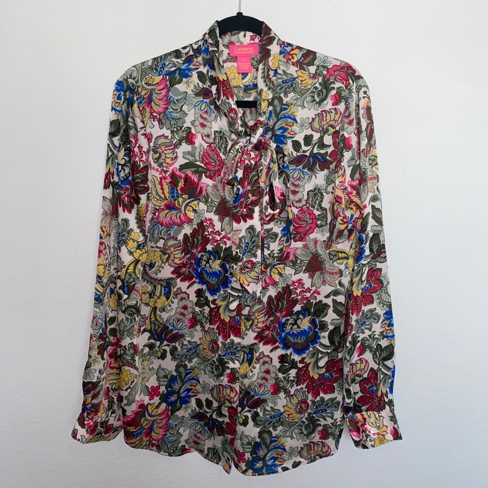 CATHERINE MALANDRINO Floral Tie Neck Long Sleeve